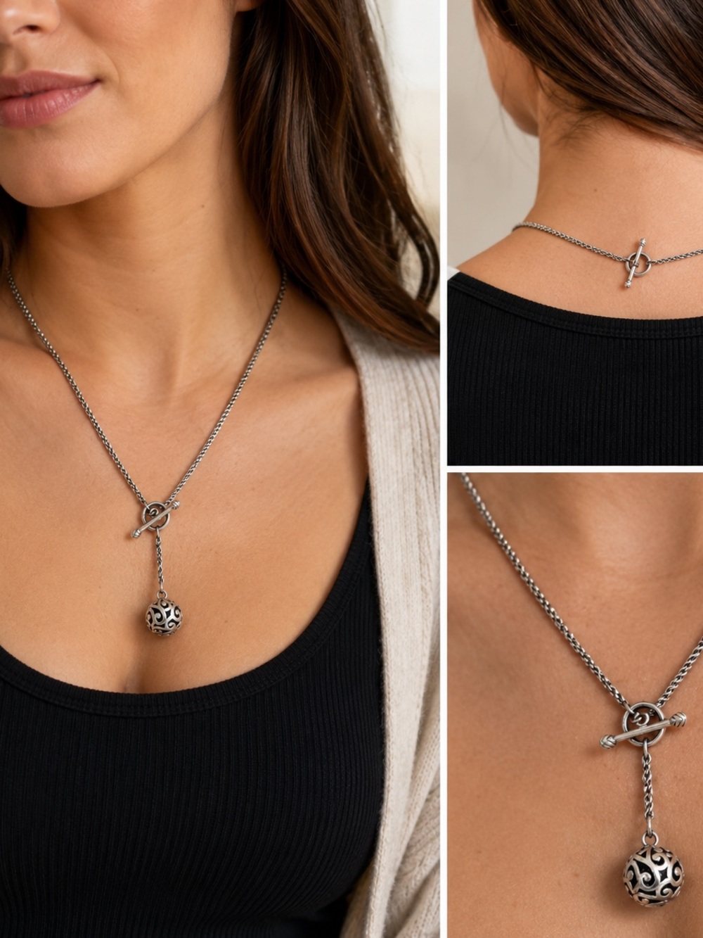 SILPADA N1619 Oxidized Sterling Silver Filigree Pendant Necklace Toggle Clasp - Picture 5 of 7